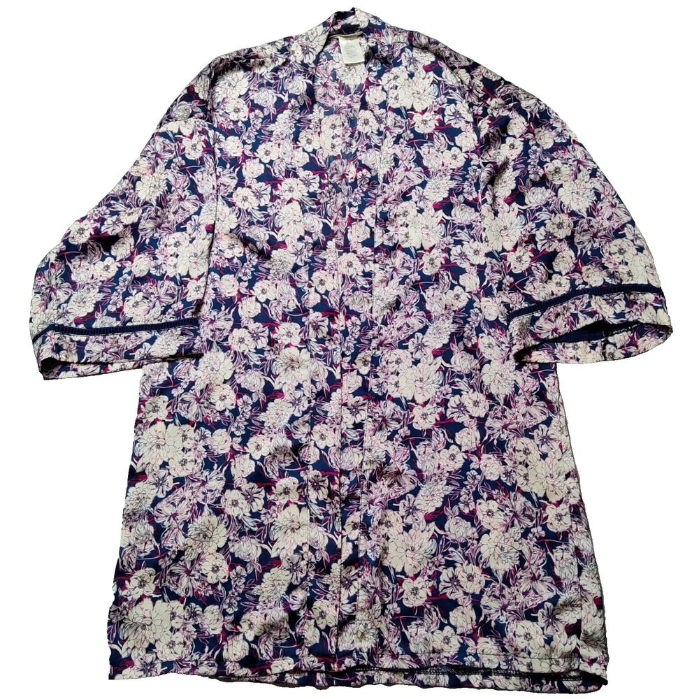LUCKY BRAND KIMONO Women Small Blue Floral‎ Bloom Allover Print Open Front Robe